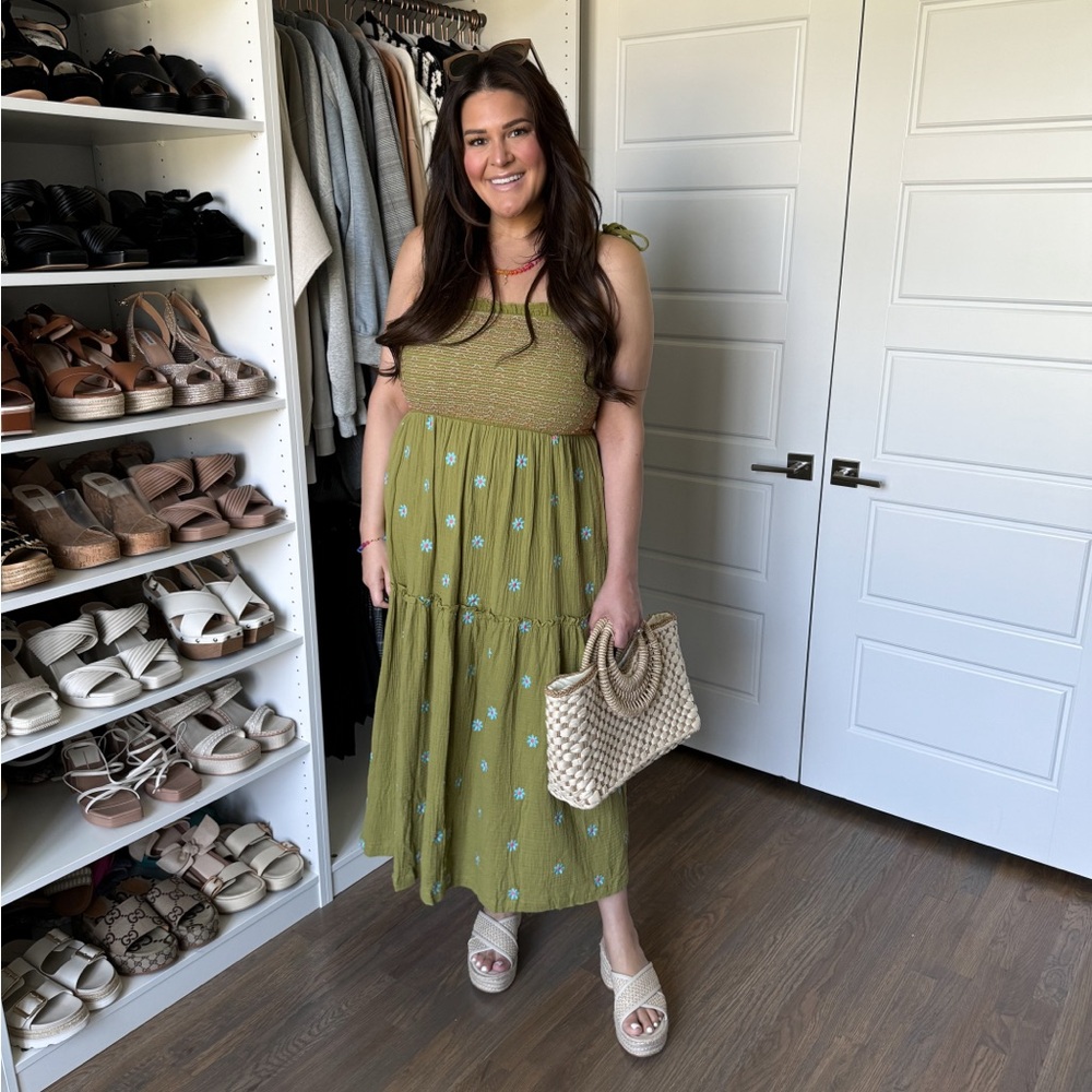 Smocked Tiered Midi Dress in Olive Green - Picture 2 of 10